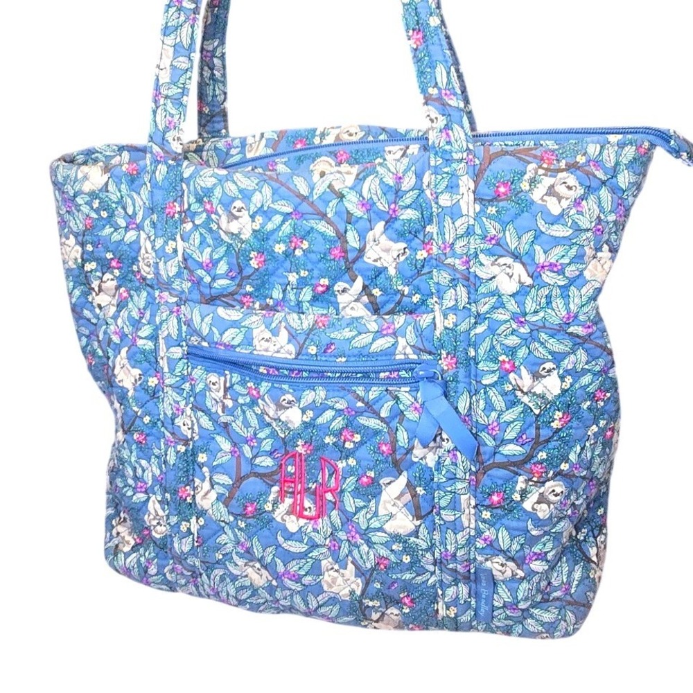 Vera Bradley Sloth Picnic Quilted Cotton Tote Bag Blue Floral Animal Monogram AL